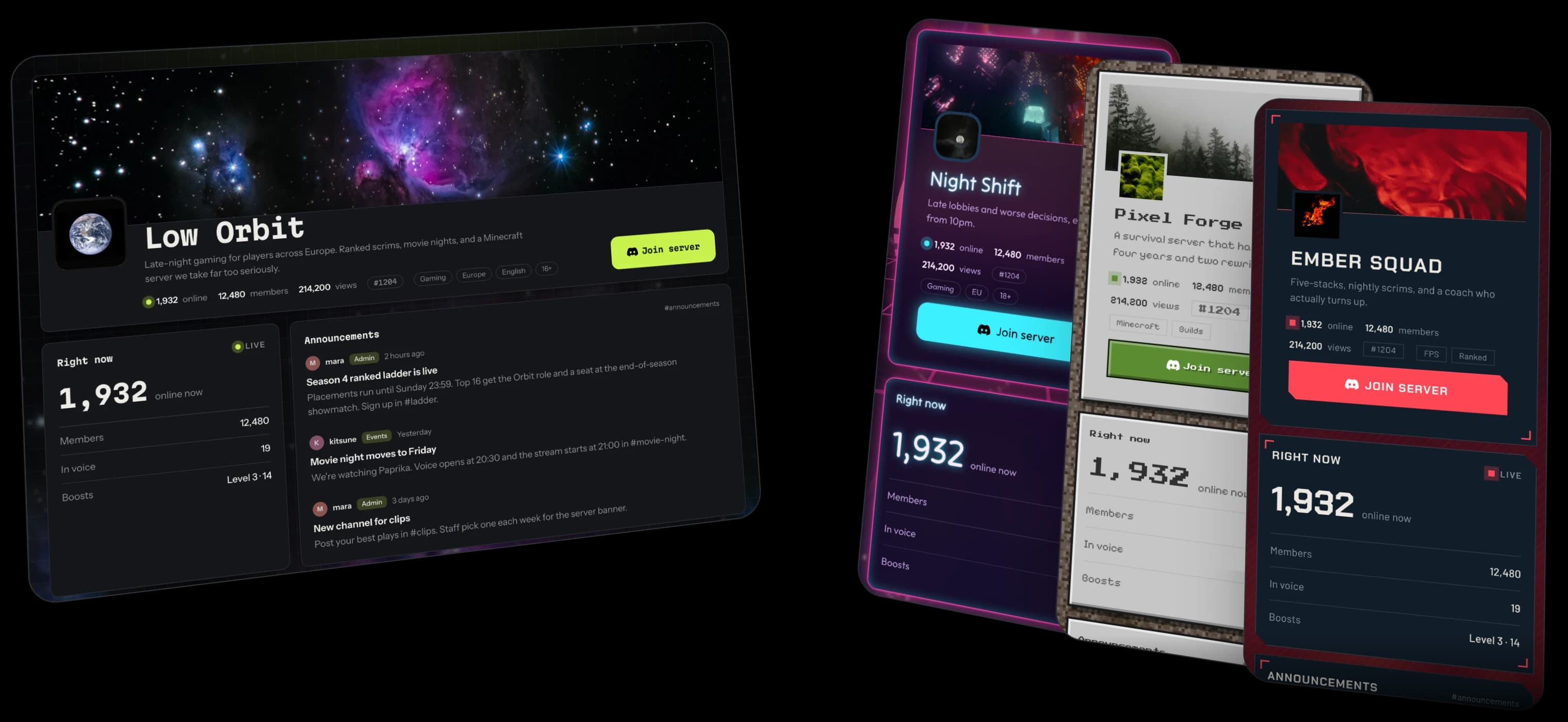 Four servr pages, each on a different theme, showing live member counts, announcements and voice channels.